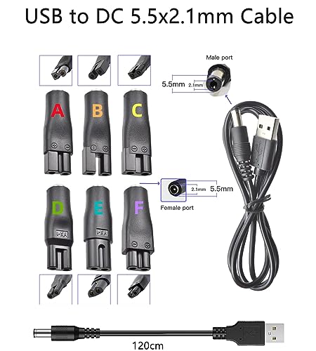 Aliwisdom Cargador USB Cable Universal para Varias marcas de Afeitadora Eléctrica / Cortapelos / Cortar Pelo Perros/ Depiladora Electrica, Voltaje de salida 3.7v-5v con 6 enchufes adaptadores
