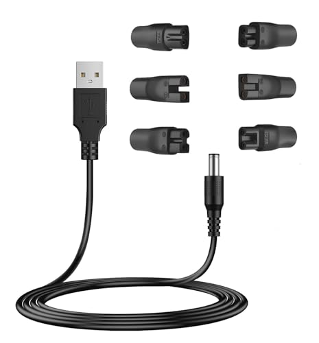 Aliwisdom Cargador USB Cable Universal para Varias marcas de Afeitadora Eléctrica / Cortapelos / Cortar Pelo Perros/ Depiladora Electrica, Voltaje de salida 3.7v-5v con 6 enchufes adaptadores