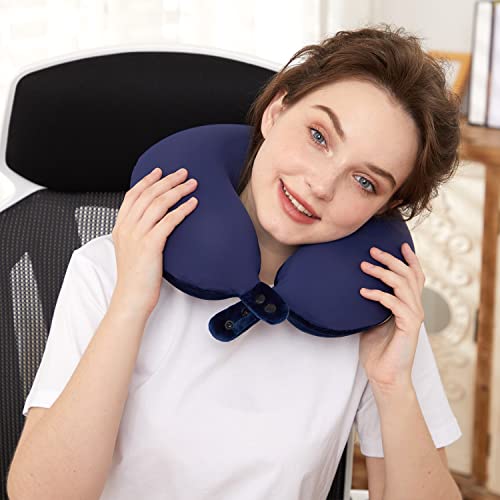 Almohada de cuello de viaje de espuma viscoelástica, suave y ajustable para apoyar la cabeza, para el avión, coche y sillón reclinable en casa (azul oscuro)