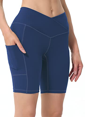 ALONG FIT Pantalones cortos de ciclismo para mujer, con bolsillos, cintura alta, control de tummy, ropa deportiva, gimnasio, yoga, verano, compresión, biker, 8" Short-blue, L