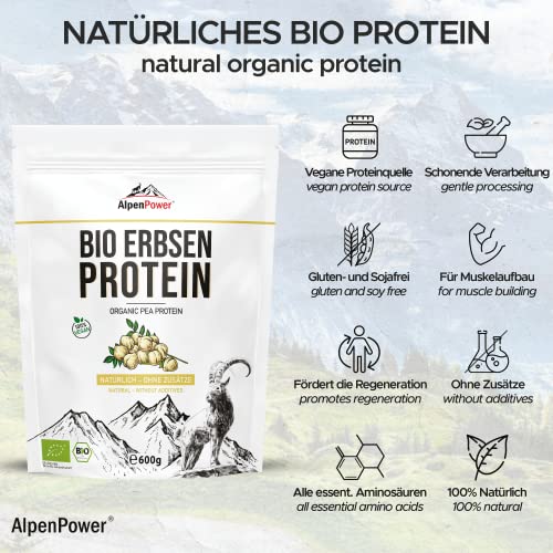 AlpenPower Proteína de Guisante Orgánica 600 g - Aislado de proteína de guisante 100% puro - Sin aditivos - Vegano y versátil - Proteína vegana en polvo con un 85% de proteína