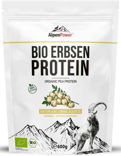AlpenPower Proteína de Guisante Orgánica 600 g - Aislado de proteína de guisante 100% puro - Sin aditivos - Vegano y versátil - Proteína vegana en polvo con un 85% de proteína