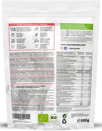 AlpenPower Proteína Whey Orgánico sabor Fresa 500 g - Ingredientes 100% naturales y sin aditivos - Proteína CFM en polvo procedente de la mejor leche alpina ecológica