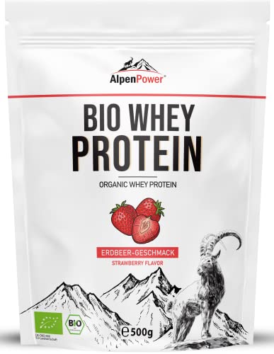 AlpenPower Proteína Whey Orgánico sabor Fresa 500 g - Ingredientes 100% naturales y sin aditivos - Proteína CFM en polvo procedente de la mejor leche alpina ecológica