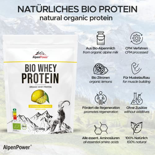 AlpenPower Proteína Whey Orgánico sabor Limón 1 kg - Ingredientes 100% naturales y sin aditivos - Proteína CFM en polvo procedente de la mejor leche alpina ecológica