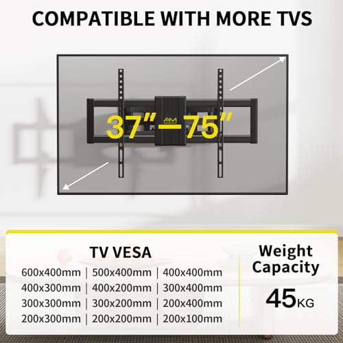 Alphamount Soporte TV Pared Movimiento Completo para Televisores 37 a 75 Pulgadas, Soporte TV Inclinable y Giratorio con Brazos Dobles, Máximo VESA 600x400 mm hasta 45 kg, APLF6-E