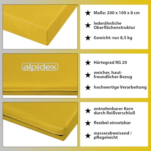 ALPIDEX Colchoneta gimnasia 200 x 100 x 8 cm esterilla deporte con antideslizante, densidad aparente 20 (muy blanda), Color:amarillo