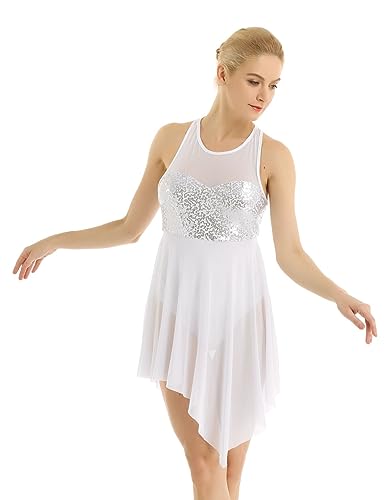 Alvivi Vestido Lentejuelas de Danza Ballet para Mujer sin Manga Vestido de Baile Lírico y Contemporánea Maillot de Gimnasia Rítmica Disfraz de Baile XS-XL Blanco Medium
