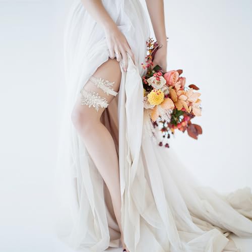 Amabro Liga elástica de boda, 2 piezas de ligas florales para piernas, ligas de encaje con perlas, accesorios de novia para mujeres y niñas, Blanco, Wedding Elastic Garter