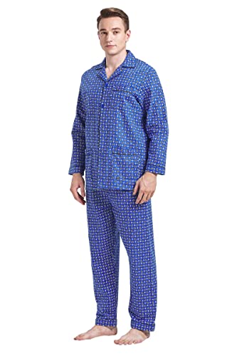 Amaxer Pijama de Dos Piezas para Hombre 100% algodón Franela Conjunto Ropa de Dormir de Descanso Camiseta de Manga Larga con Bolsillos Pantalones con cordón, M, patrón múltiple en azul02