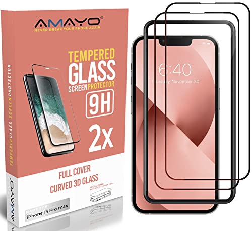 Amayo Protector de pantalla para teléfono móvil, 2 unidades de vidrio templado 9H, compatible con iPhone 13 Pro Max (6,7 pulgadas), irrompible, resistente a los arañazos + marco de montaje