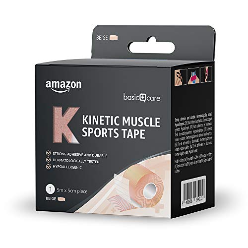 Amazon Basic Care - Cinta kinesiológica deportiva para musculatura, 5 x 5 cm, 1 negra y 1 beis, paquete de 2