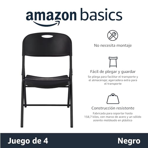 Amazon Basics - 4 Unidad Silla de plástico plegable, capacidad de 157,5 kg, negro
