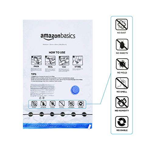 Amazon Basics bolsas de vacío para almacenamiento, incluyen boca para aspirador, 12 Unidad, 3 extragrandes, 3 grandes, 3 medianas y 3 pequeñas, Cremallera, Blanco