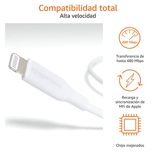 Amazon Basics - Cable USB-C a Lightning, cargador certificado por MFi para iPhone 13/12/11/X/XS/XR/8, Type-C, PD de Carga Rápida , color blanco, 0,9 m