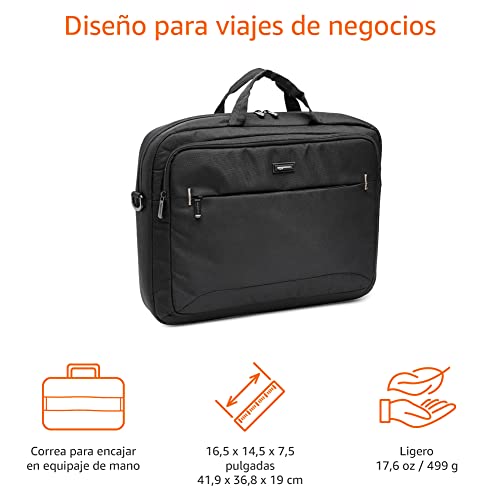Amazon Basics - Funda compacta para portátil con correa para el hombro y bolsillos para guardar accesorios, (44 cm), negro, 1 unidad