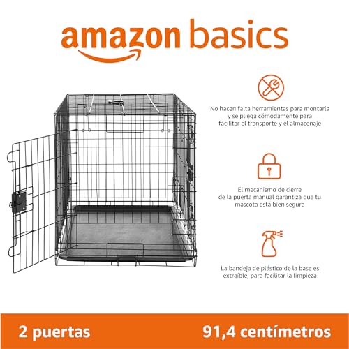Amazon Basics - Jaula para perro de alambre metálico, Duradero,Plegable con bandeja, doble puerta, negro, 91 x 58 x 64 cm (L x An x Al)