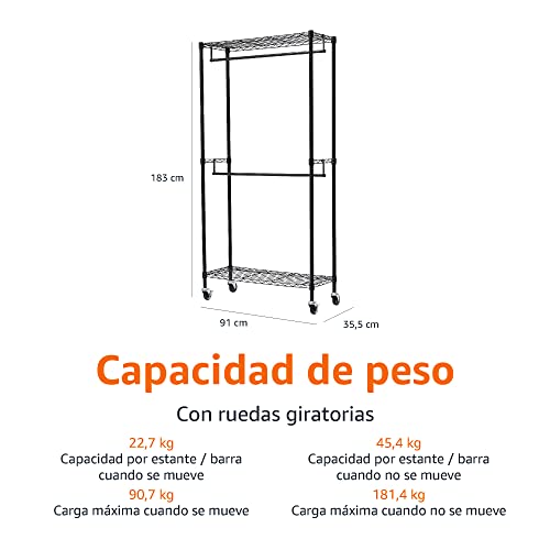 Amazon Basics - Perchero de ropa de doble barra con ruedas, Negro 91,4 cm x 35,5 cm x 183 cm (L x W x H)
