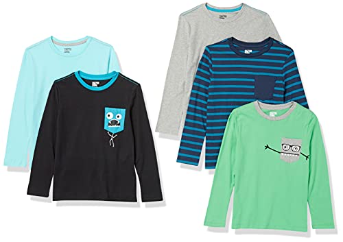 Amazon Essentials Camisetas de Manga Larga (Anteriormente Spotted Zebra) Niño, Pack de 5, Multicolor/Monstruos/Rayas, 6-7 años