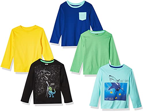 Amazon Essentials Camisetas de Manga Larga (Anteriormente Spotted Zebra) Niño, Pack de 5, Negro/Amarillo/Azul, 4 años
