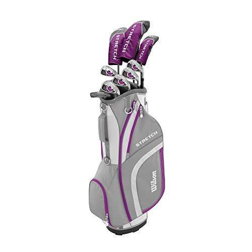 Amazon Exclusive Wilson, Set completo para principiantes, 9 palos de golf con carro, Mujer (mano derecha) Stretch XL, Blanco/Gris/Violeta, WGG157554