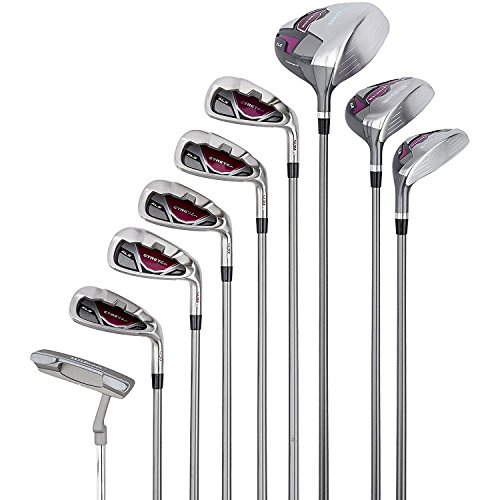 Amazon Exclusive Wilson, Set completo para principiantes, 9 palos de golf con carro, Mujer (mano izquierda) Stretch XL, Blanco/Gris/Violeta, WGG157556