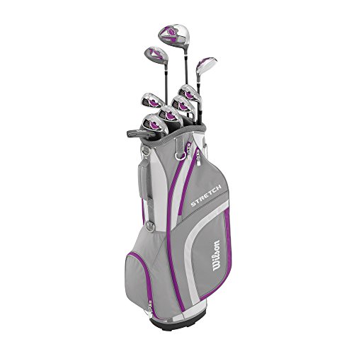 Amazon Exclusive Wilson, Set completo para principiantes, 9 palos de golf con carro, Mujer (mano izquierda) Stretch XL, Blanco/Gris/Violeta, WGG157556