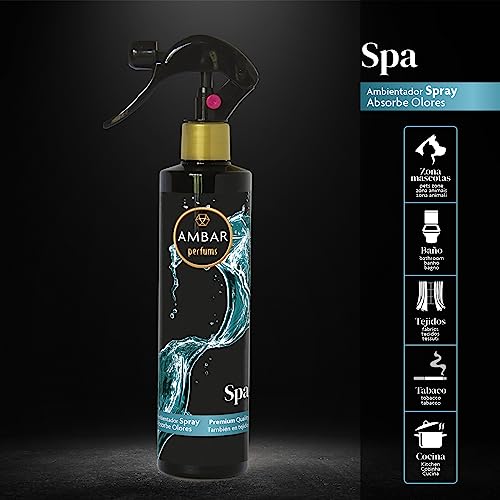 Ambar Perfums - Ambientador Spray Absorbe Olores Spa Especial Tejidos, ¡No mancha! Pack de 4 uds de 280 ml.