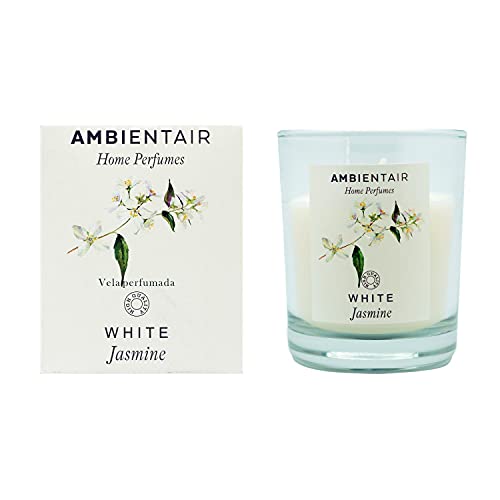 Ambientair Home Perfume. Vela aromática White Jasmine, ambientador de jazmín, Vela aromática para casa, Aromaterapia, Vela en vaso de cristal para interiores. Duración 30 horas.