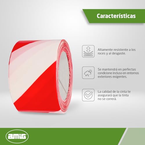 Amig - Cinta de Balizaje - Fabricada con Polietileno de Baja Densidad LDPE - 200 m de Longitud x 70 mm de ancho - Cinta de Señalización para Delimitar Zonas de Seguridad - Rojo y Blanco