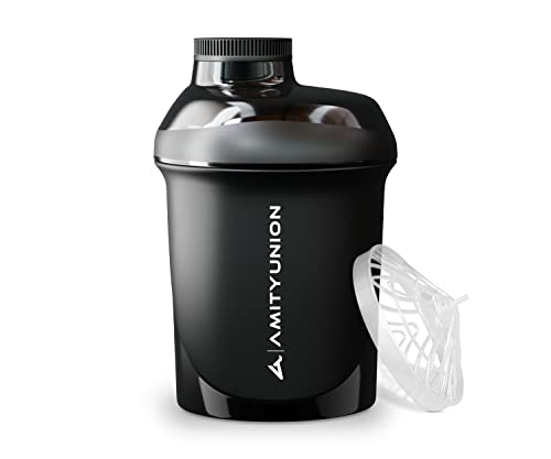 AMITYUNION Protein Shaker 400 ml con tamiz - ORIGINAL Fitness Mixer - Sin BPA, Con escala para batidos cremosos de proteína de suero de leche en polvo, Concentrados de proteína BCAA en negro deluxe