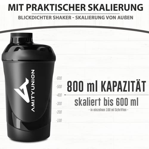 AMITYUNION Shaker Deluxe - Proteína Shaker a prueba de fugas - BPA libre y con la escala tamiz de polvo de Proteína de suero cremoso sacude (midnight black 800ml)