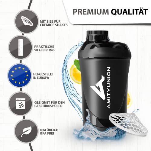 AMITYUNION Shaker Deluxe - Proteína Shaker a prueba de fugas - BPA libre y con la escala tamiz de polvo de Proteína de suero cremoso sacude (midnight black 800ml)