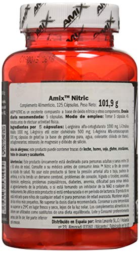 Amix - Nitric - Suplemento Alimenticio - Contiene Óxido Nitrico - Mejora la Fuerza - Favorece la Congestión - Nutrición Deportiva - Contiene 125 Cápsulas