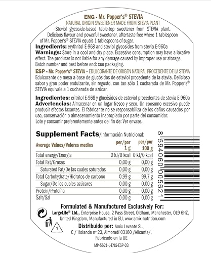 AMIX - Stevia Mr. Poppers - 500 Gr - Endulzante Natural - Producto Sin Calorías - Endulza Postres y Bebidas - Apto para Diabéticos - Sin Aromas Artificiales - Saborizantes sin Azúcar