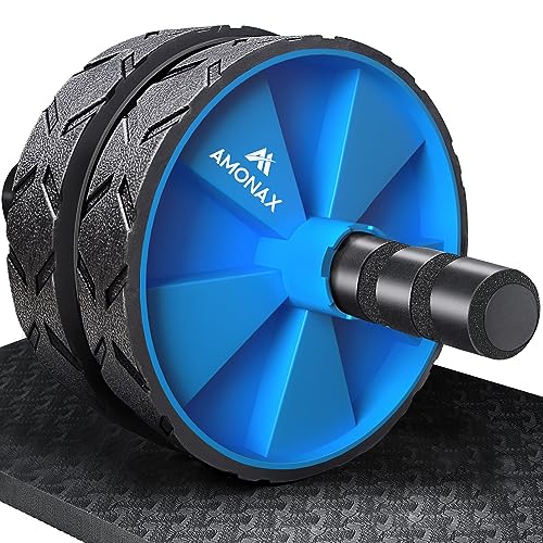 Amonax - Rodillo de rueda para abdominales con alfombrilla grande para ejercitar abdominales, doble rueda con modos de entrenamiento de fuerza dual en el gimnasio en casa (Azul)