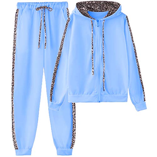 amropi Mujer Leopardo Conjunto de Ropa Chandal con Capucha Tops y Pantalones Deportivos Señoras 2 Piezas Set S,Azul