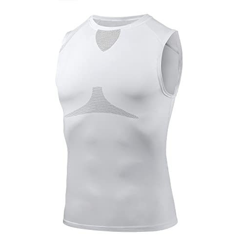 AMZSPORT Camiseta de Compresión Sin Mangas para Hombre, Chaleco de Gimnasio de Secado Rápido Capa Base para Correr, Blanco, L
