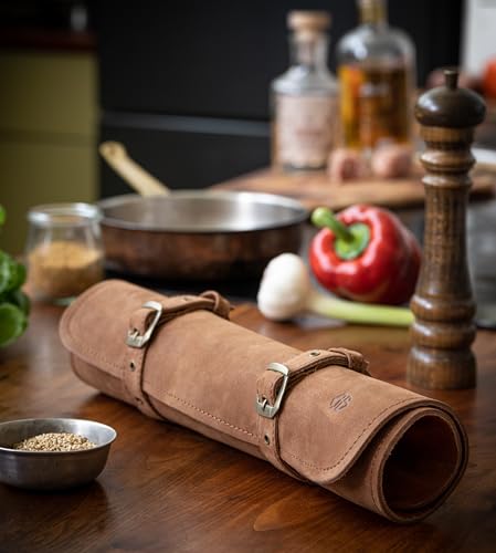 Angus Stoke Sam - Funda de piel para cuchillos de cocinero (piel, tamaño grande), diseño de bolsa, marrón, Bolsillo para cuchillos