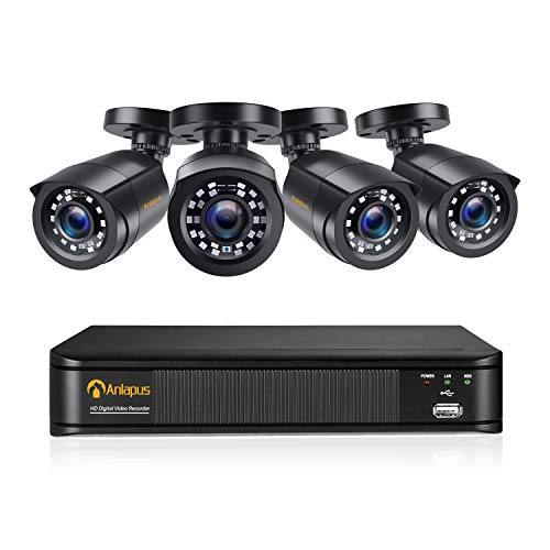 Anlapus 1080P Kit de Cámaras Seguridad 8CH H.265+ Videograbador DVR con 4 Cámara de Vigilancia Exterior, sin Disco Duro, Visión Nocturna, Alarma de Movimiento