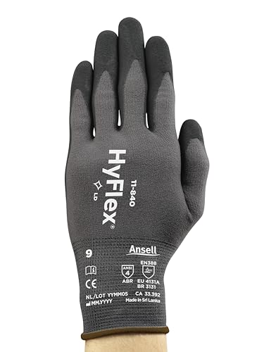 Ansell HyFlex 11-840 Guantes de Trabajo Profesionales, Revestimiento de Nitrilo Antideslizante y Transpirable, Protección Mecánica Multiusos, Seguridad Industrial, Negro, Talla M (1 Par)