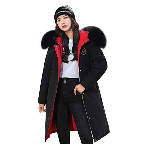 ANUFER Mujer Reversible Chaqueta Acolchada Cálida Invierno Capucha de Piel Sintética Abrigos Negro & Rojo SN071108 XL