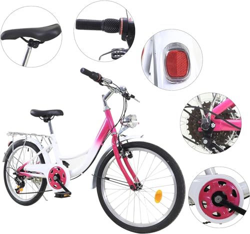 AOAPUMM Bicicleta infantil de 20 pulgadas, 6 velocidades, para niños y niñas, color rosa + blanco