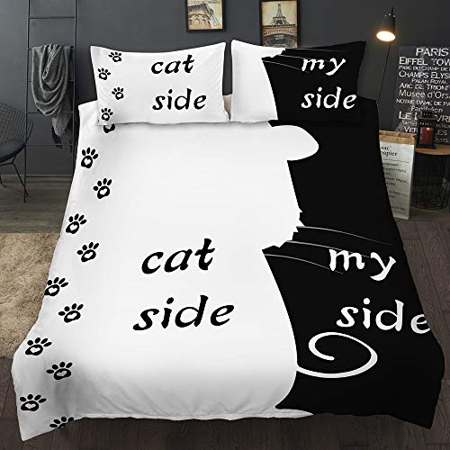 AOXHFNV Juego de ropa de cama de la serie Dog Side and My Side, diseño de perro y mi lado, color negro y blanco para cama doble (135 x 200 cm, gato Side)