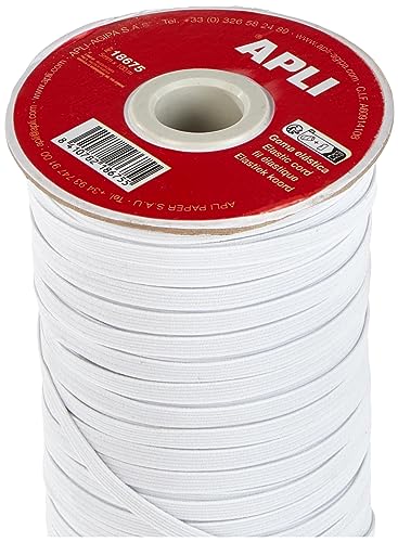 APLI 18675 - Bobina de Cuerda elástica Plana de 5 mm x 100 m en Color Blanco Multiusos ( Ideal para Manualidades)