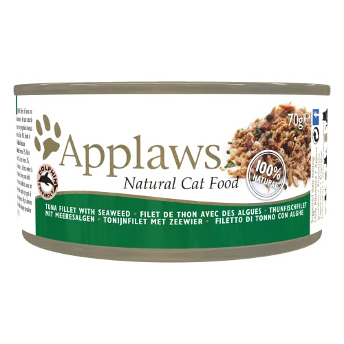 Applaws 100% Comida Natural Húmeda para Gatos, Filete de Atún con Algas en Caldo para Gatos Adultos, 24 latas de 70 g