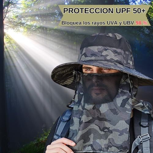 APUKESE Sombrero de Pesca Hombre Mujer, Camuflaje, con Protector de Cuello y Boca Desmontable, Alta protección contra el Sol UV, antimosquitos.