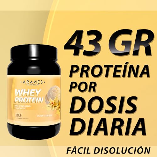 Aranes Whey Protein | Proteína pura con Colágeno y Magnesio | Recuperación muscular | Proteína concentrada | Acelera el metabolismo | Formato en polvo | 1000 gramos (Vainilla)