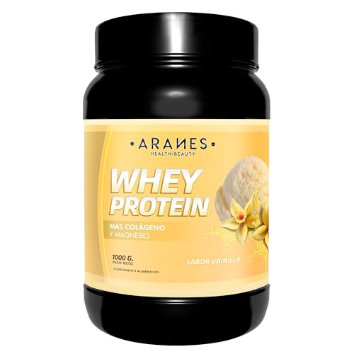 Aranes Whey Protein | Proteína pura con Colágeno y Magnesio | Recuperación muscular | Proteína concentrada | Acelera el metabolismo | Formato en polvo | 1000 gramos (Vainilla)
