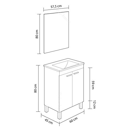 ARKITMOBEL Mueble de Baño con 2 Puertas y Espejo, Modulo Baño, Modelo LC1, Acabado en Blanco Brillo, Medidas: 60 cm (Ancho) x 80 cm (Alto) x 45 cm (Fondo)